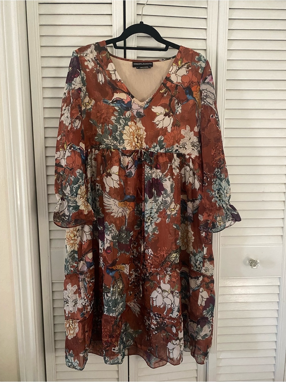 Hannah Banana Rust Floral V-Neck Tiered Midi Dress with Multicolor Blooms